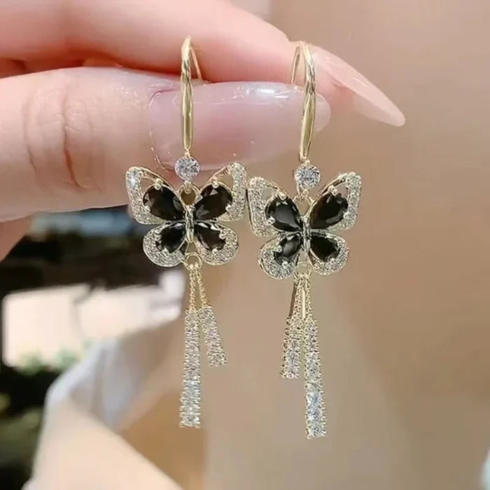Crystal Butterfly Tassel Earrings