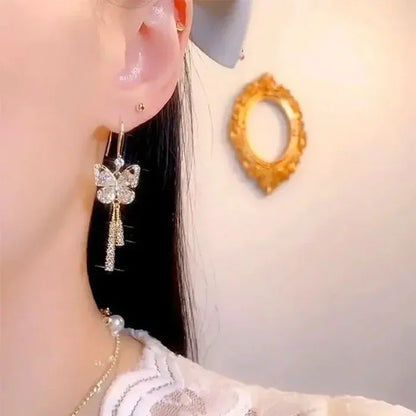 Crystal Butterfly Tassel Earrings