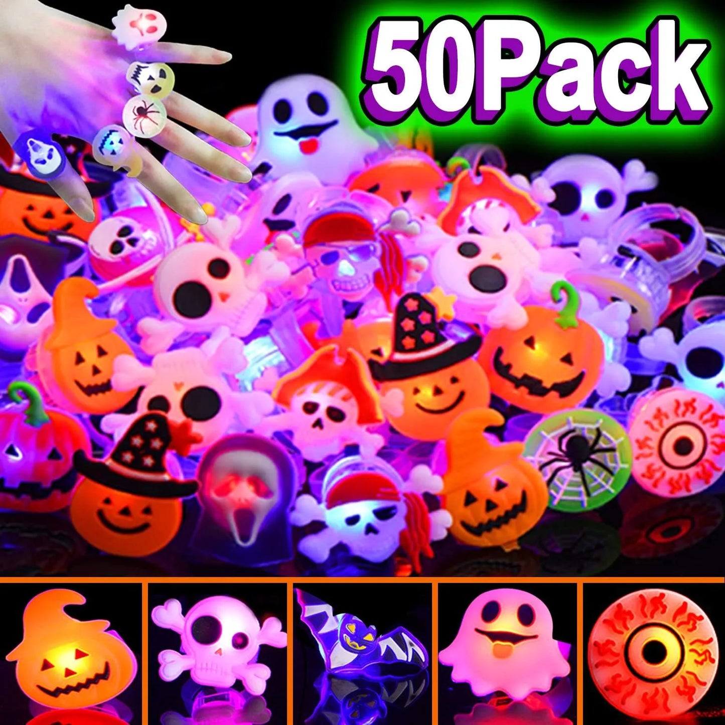 50pcs Halloween Glow Rings