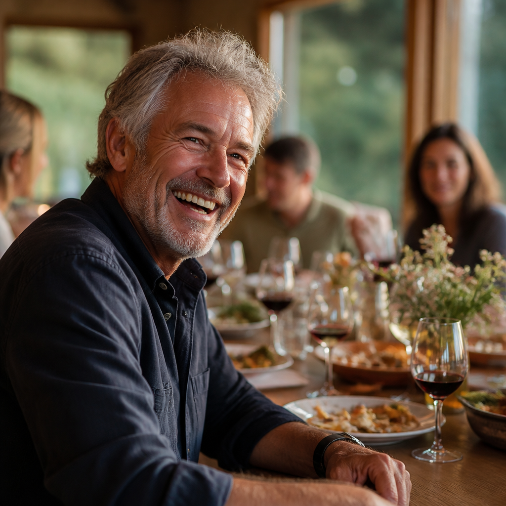 Man in his sixties laughing openly at a family dinner